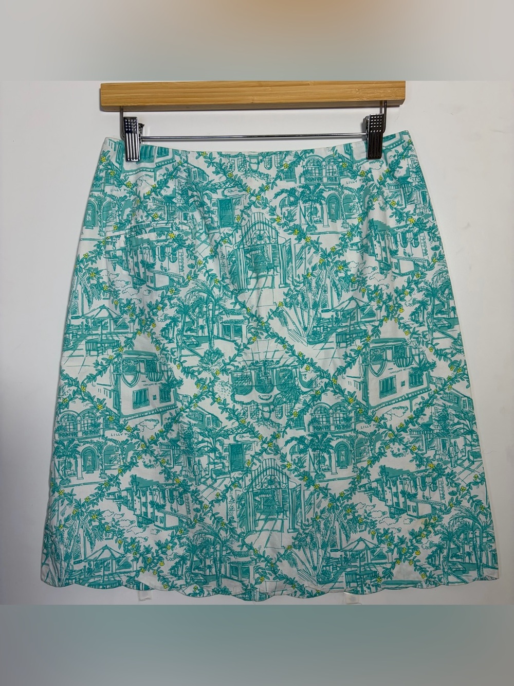 Vintage Lilly Pulitzer Worth Ave Toile Skirt 8 Teal White Coastal Preppy Rare